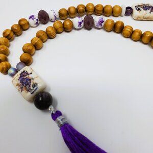 Wood Bead Seahorse Necklace with Purple Tassel